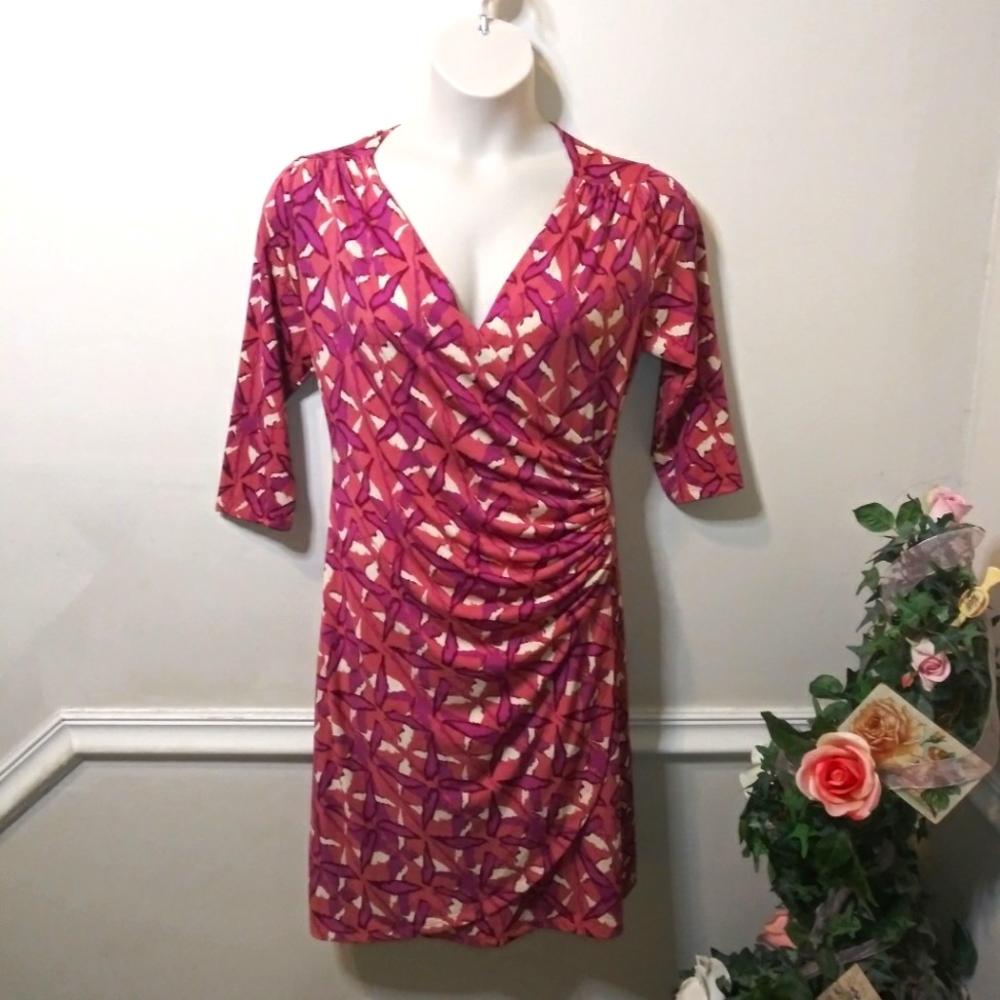 Expected By Lilac Clothing Berry Abstract, Jersey Knit Faux Wrap Nursing Dress - Picture 1 of 10
